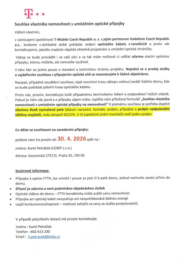 Souhlas vlastníka nemovitosti s&nbsp;umístěním optické přípojky